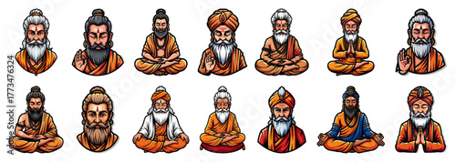 Indian Guru and Sadhu Character Vector Set. Collection of colorful cartoon portraits of meditating Hindu holy men yogis and sages for spiritual design.