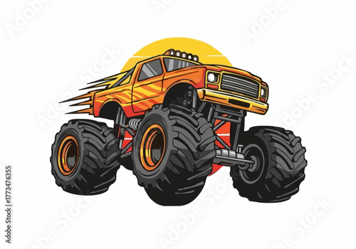 Orange monster truck vector jumping high on white background illustration