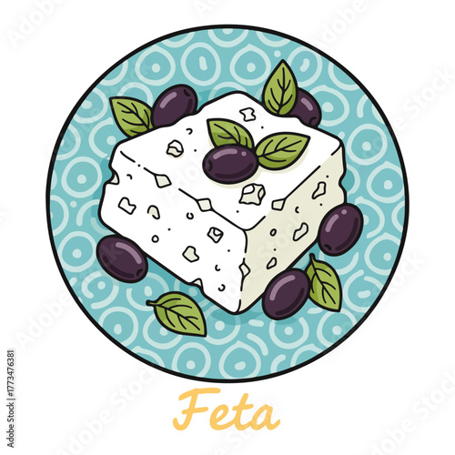 Greek Feta Cheese with Olives in Round Badge Vector Illustration