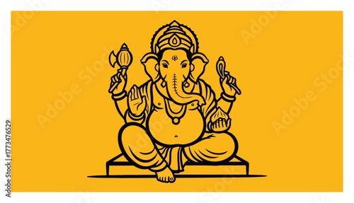 Sitting Ganesha Minimal Line Art on Yellow Background Vector Illustration