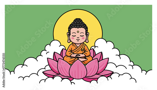 Buddha Meditating on Lotus with Halo and Clouds Cartoon Vector