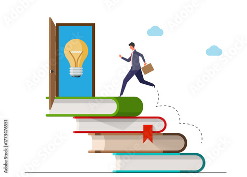 Flat illustration of man climb ladder on stack of book to find creative lightbulb creativity knowledge education to develop skill inspiration to get solution stock illustration
