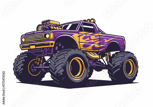 Detailed purple monster truck vector illustration with flames design concept