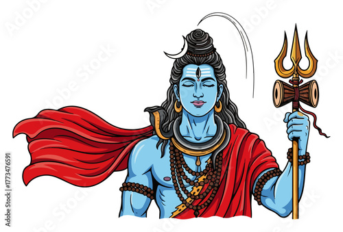 Lord Shiva Colorful Cartoon Vector Illustration. Hindu God holding trident and damaru for Mahashivratri festival or spiritual design.