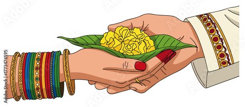 Indian Wedding Ritual Hands Vector Illustration. Bride and groom ceremony with colorful bangles and offering for invitation design.