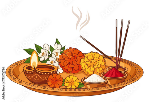 Hindu Puja Thali with Diya Lamp Flowers and Incense for Diwali Festival Vector Illustration