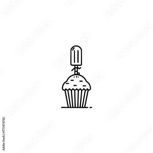 Vector art of a minimalist line art illustration featuring a cupcake with a popsicle stuck in it, creating a whimsical and playful design