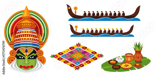 Onam Festival Elements Vector Set Kathakali Snake Boat Pookalam and Sadya