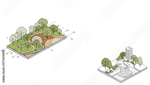 Green urban planning concepts showcasing park design and building integration