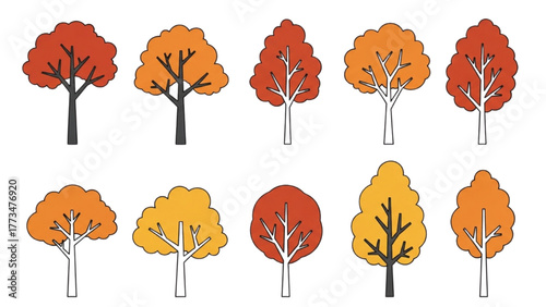 Stylized vector collection of diverse autumn trees with vibrant fall foliage, great for seasonal graphic design