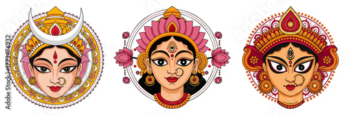 Set of Hindu Goddess Faces Durga Lakshmi and Parvati Vector Icon Collection