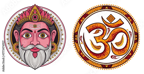 Ornate Hindu Icons Lord Brahma Face and Om Aum Symbol Vector Illustration Set