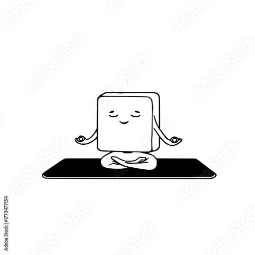 Vector art of a cute cube character is meditating on a yoga mat, a peaceful and mindful moment for a geometric friend