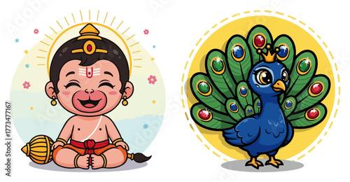 Cute Baby Krishna Smiling with Gada Cartoon Vector Mascot