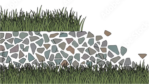 Textured Stone Embankment with Vibrant Green Grass, Depicting Garden Edging or Structural Integrity