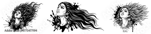 Elegant Female Portraits with Flowing Hair Ink Splash Vector Set