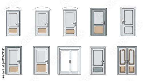 Collection of door designs for home or building entryways in various styles