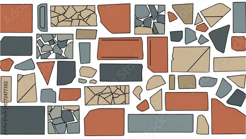 Abstract composition with a colorful collection of geometric stone fragments and broken tiles