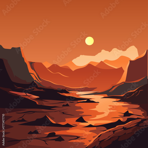 Martian Landscape at Sunset,  Red Planet Mountains and Valley Illustration