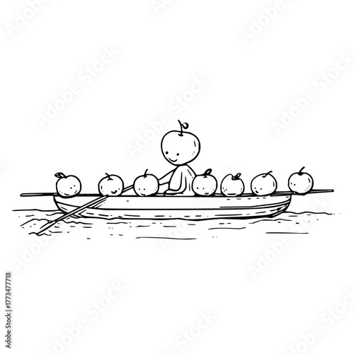 Vector art of an apple character is rowing a boat full of apples a whimsical and charming illustration with a touch of humor and simplicity