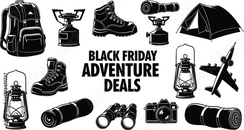 Score amazing Black Friday adventure deals for camping, hiking, and travel needs this year professional vector concept illustration
