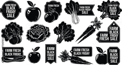 professional vector concept illustration Farm fresh Black Friday sale graphics featuring apples, carrots, and leafy green vegetables