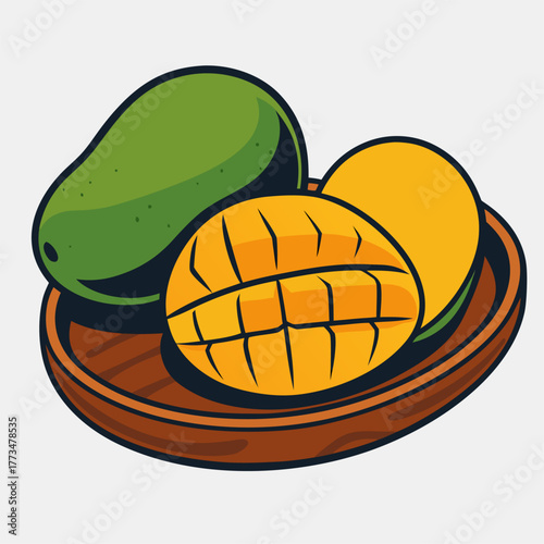 Ripe tropical mangoes with sliced golden flesh in wooden bowl symbolizing freshness sweet exotic taste and natural summer fruit abundance rich in vitamins