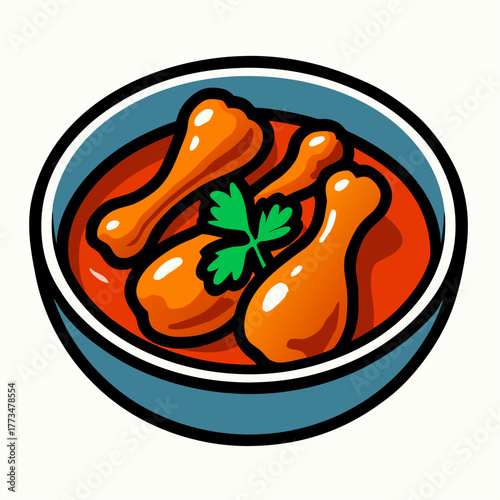 Delicious spicy chicken drumsticks served in rich red sauce symbolizing warmth homemade comfort and flavorful culinary tradition from Asian tropical cuisine heritage