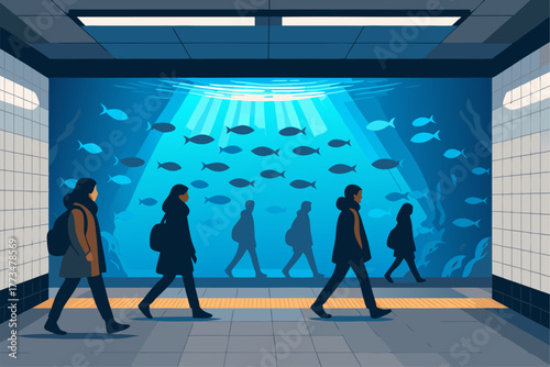 People walking through aquarium tunnel surrounded by blue marine life symbolizing wonder exploration and calm