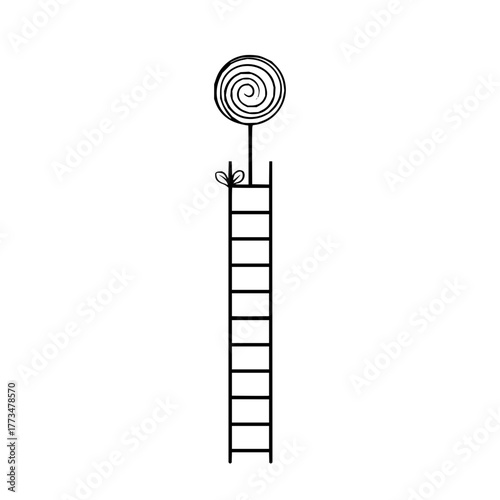 Vector art of a tall ladder leads to a delicious lollipop, a sweet reward awaits at the top, a whimsical journey to sugary delight