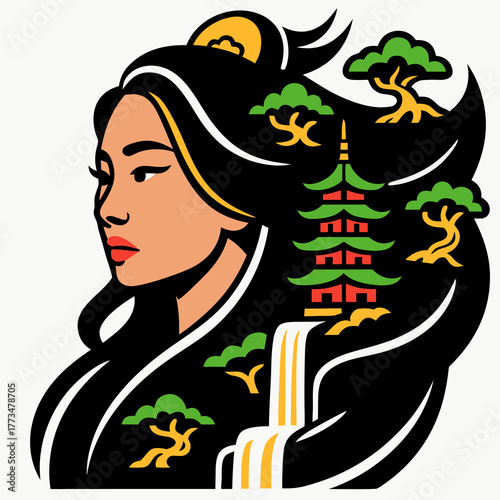 Elegant Asian woman portrait with flowing black hair and floral motifs symbolizing beauty tradition and grace