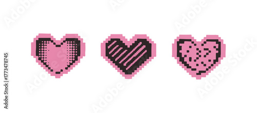 Three pixel art vector heart icons in pink with various patterns representing health or love.
