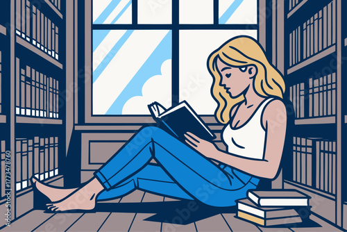 Young woman reading by the window enjoying calm solitude and peaceful moment of reflection