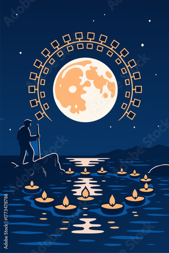 Man standing near river watching full moon and floating lanterns symbolizing reflection peace and wonder of night