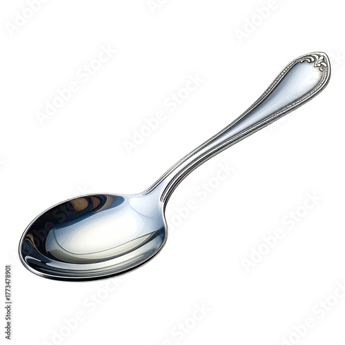 Shiny silver spoon against black background, reflecting light with ornate handle