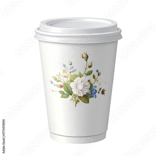 White paper coffee cup with floral design on front, featuring a white rose