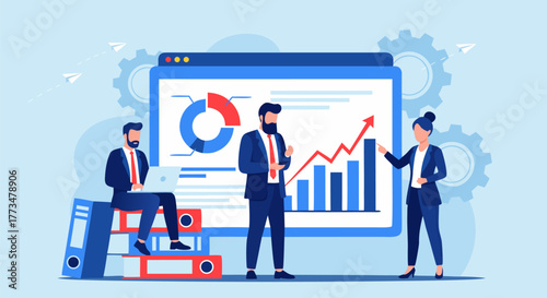 Business analytics team collaborating on a presentation, examining charts, graphs, and financial data for growth and market strategy
