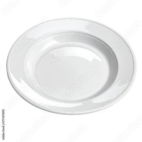 Overhead shot of an empty, glossy, white, circular serving dish, rimmed and shadowed