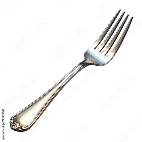Isolated, gleaming silverware fork with four tines, on a stark black background