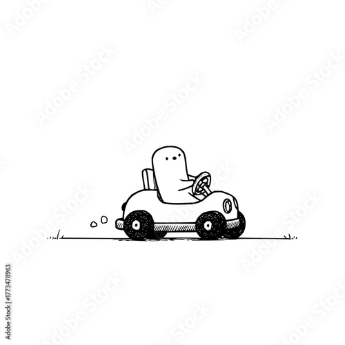 Vector art of a whimsical illustration of a cartoon character driving a small car, the character appears to be enjoying a leisurely drive