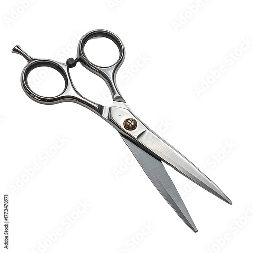 Shiny, open stainless steel shears against a dark background, angled