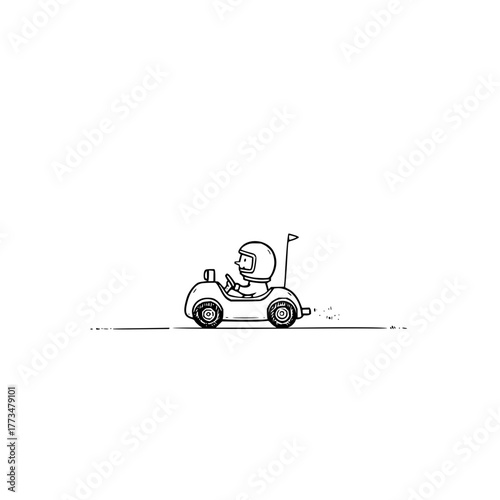 Vector art of a whimsical illustration of a child in a helmet driving a gokart, rendered in a simple, handdrawn style with a playful feel