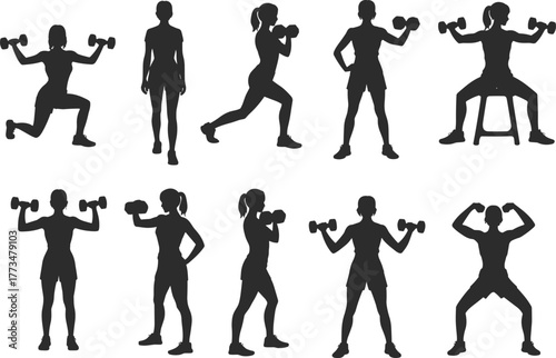 Silhouette vector illustration of women exercising with dumbbells, fitness workout poses, strength training, gym exercise, and healthy lifestyle concept