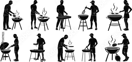 Silhouette vector illustration of people grilling and cooking barbecue outdoors with grill, summer party, picnic, and outdoor cooking concept