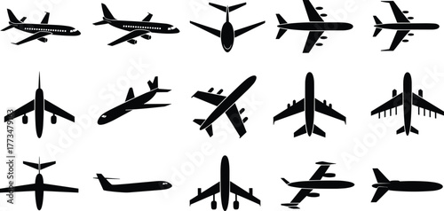 Airplane silhouette vector illustration showing different aircraft positions and angles, perfect for aviation design, flight concept, and travel elements