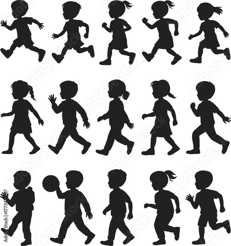 Silhouette vector illustration of children running, walking, and playing in various poses, showing active lifestyle, childhood fun, and movement concept