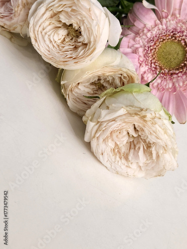 Roses on a white background. A bouquet of roses on a white table