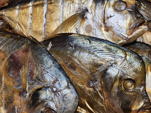 Smoked fish. Background with smoked fish. Fish roach