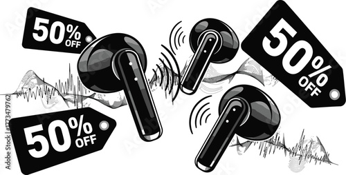 black and white vector illustration style Limited time only get 50 percent off premium wireless earbuds for crystal clear sound and total immersion