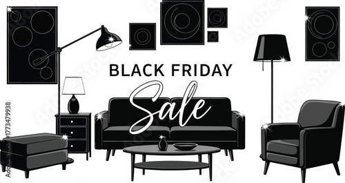 Stylish furniture on Black Friday sale featuring modern sofa, chair, ottoman, and contemporary lamps black and white vector illustration style
